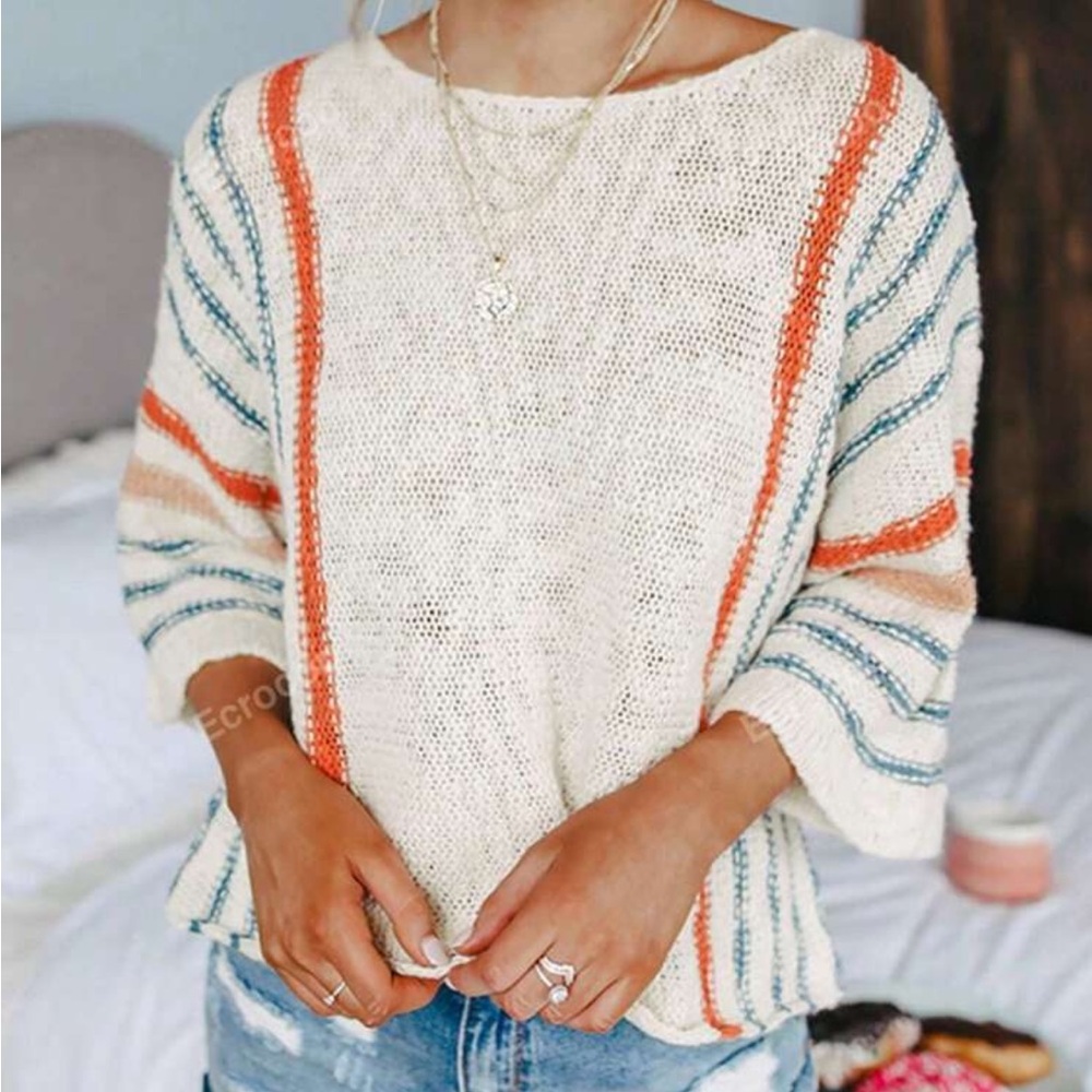 NEW-Ecrocoo Women’s Striped Wide Sleeve Sweater-XL